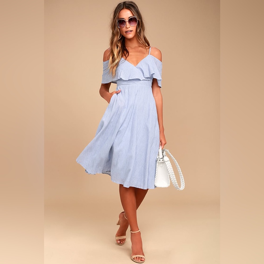 <3 Lulu’s Yacht Rock Blue and White Striped Off-the-Shoulder Midi Dress